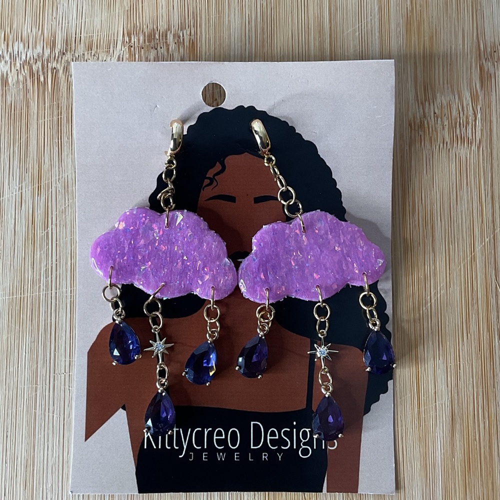 Pink Cloud Artisan Earrings with Purple Drops